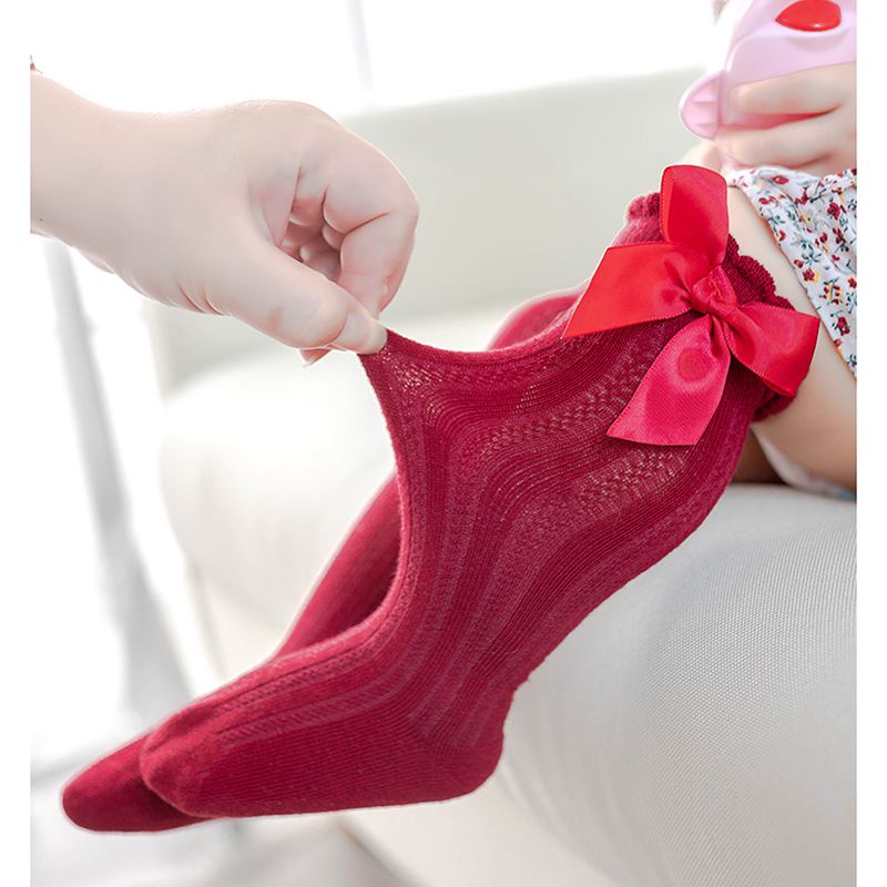 Vớ dài cotton trơn chống trượt đính nơ kiểu công chúa dành cho bé gái 0-3 tuổi