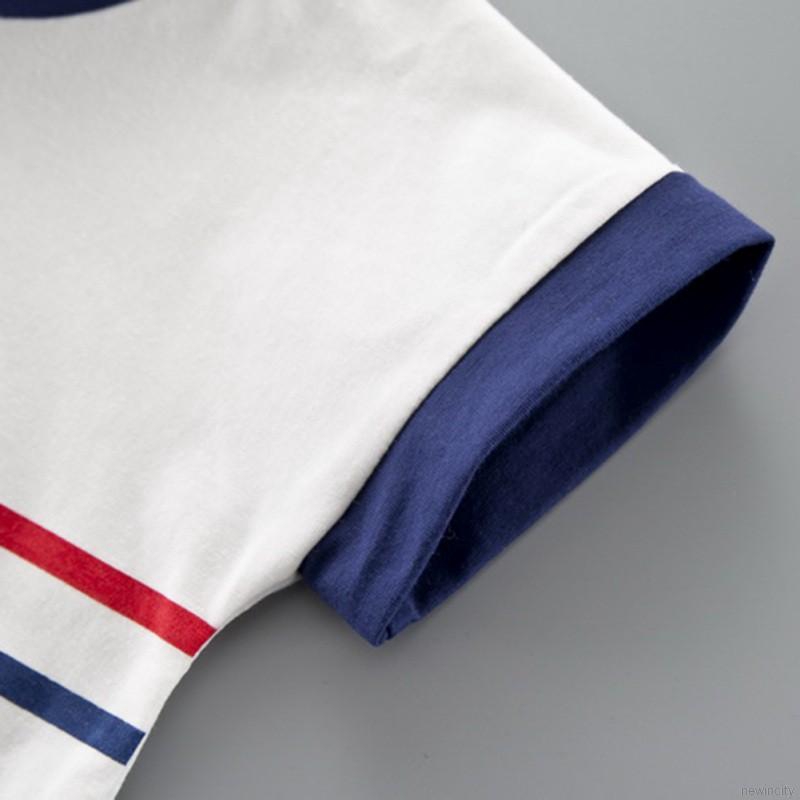 Bộ áo thun cotton kẻ sọc và quần ngắn in hình động vật cho bé trai