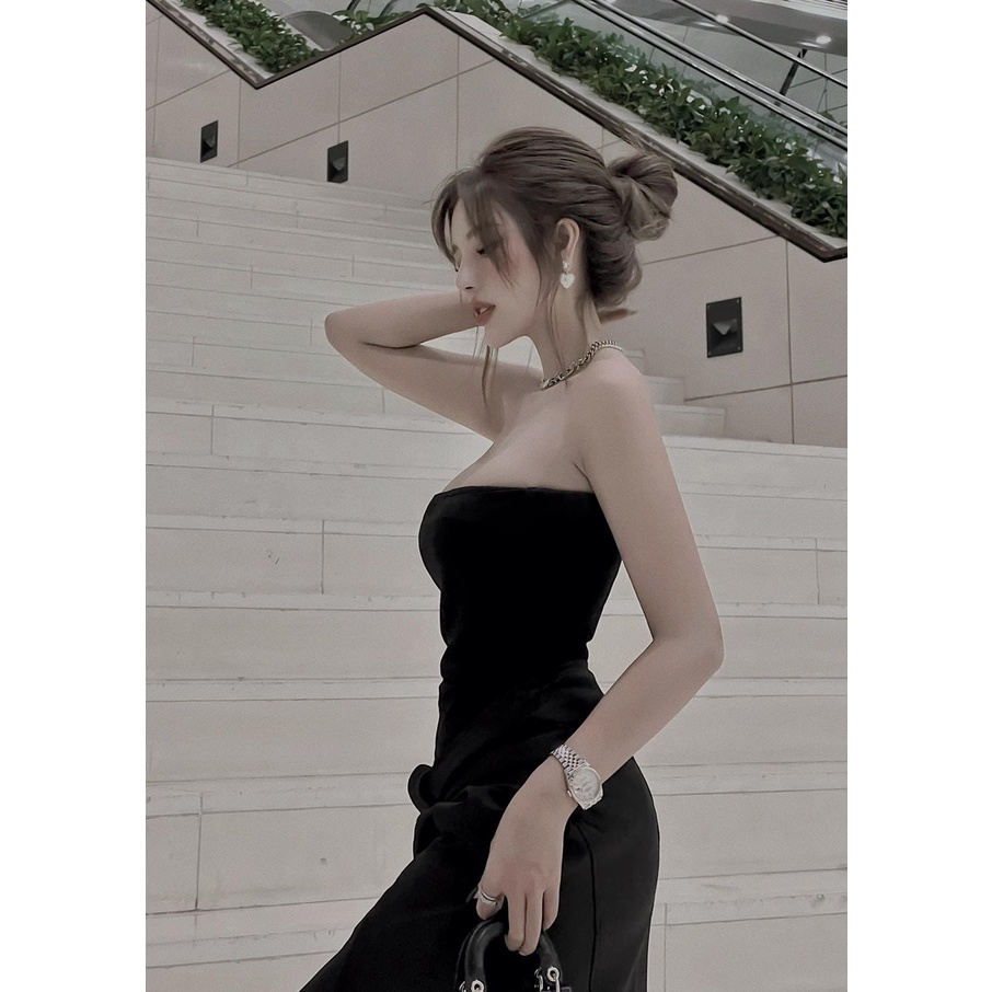 Đầm cúp ngực đen xoắn eo tafta