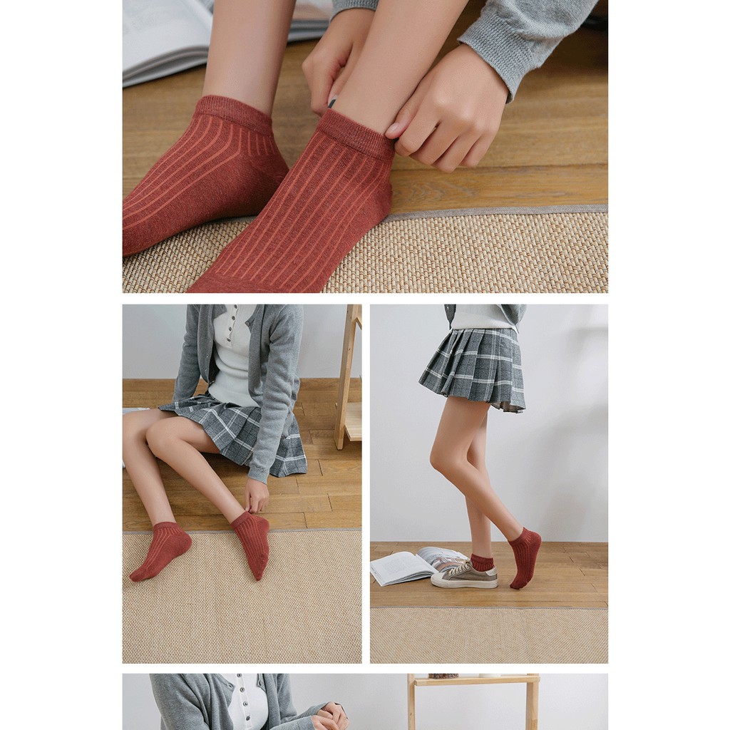 Tất gân nữ cổ thấp cotton màu trơn Nhật bản Tất vớ trơn cổ ngắn nữ Vớ lười ẩn nữ