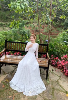 Đầm maxi ren trắng xoè 360