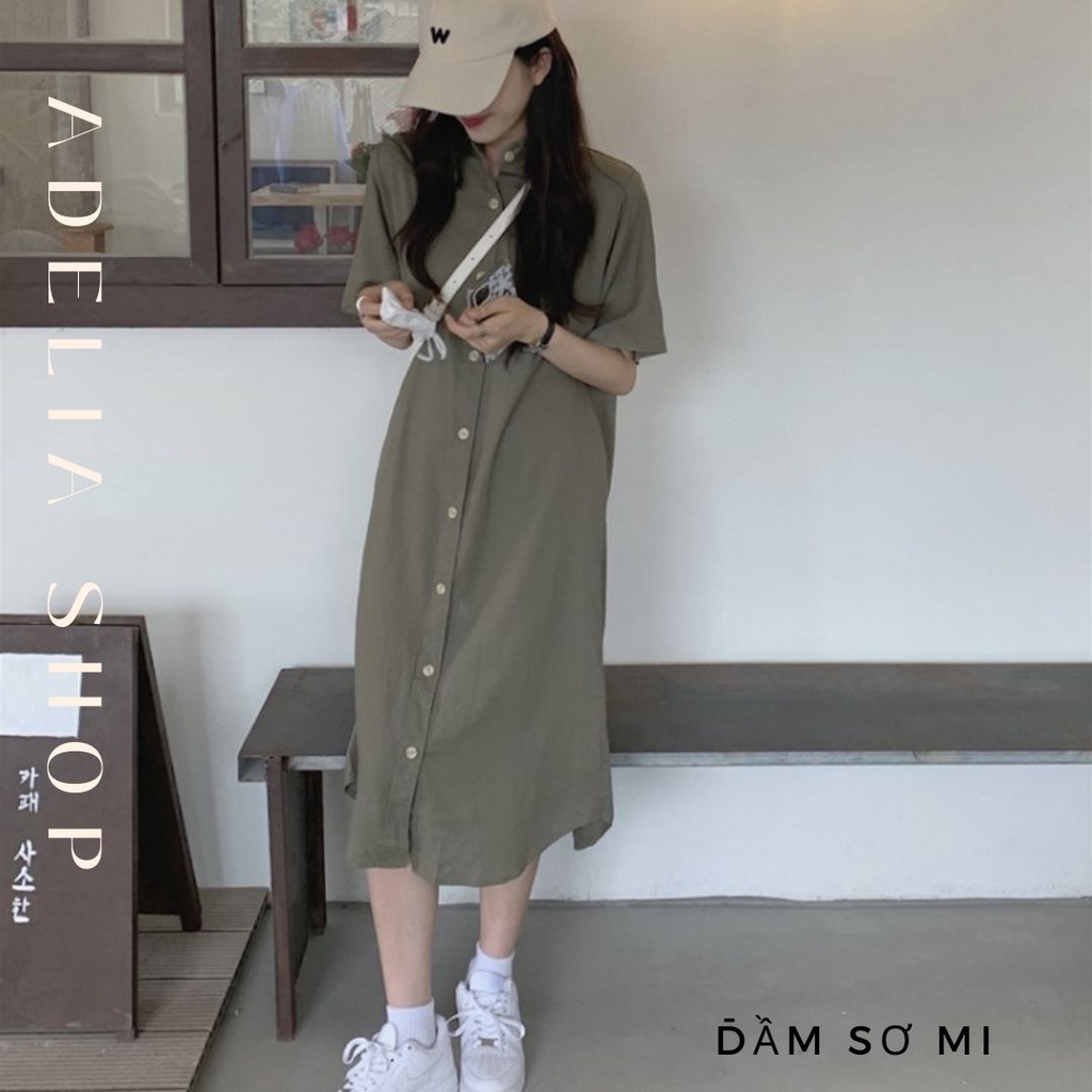 Đầm Sơ Mi | Đầm Sơ Mi Cổ Polo Tay Ngắn Dáng Suông Dài 2 Màu Xanh Be Ulzzang, Hàng Quảng Châu Adelia.