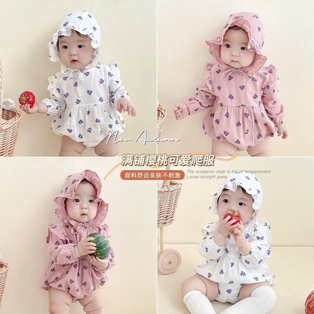 Bộ Áo Liền Quần Tay Dài In Hình Quả Cherry + 2 Mũ Thời Trang Mùa Thu Cho Bé Gái Sơ Sinh