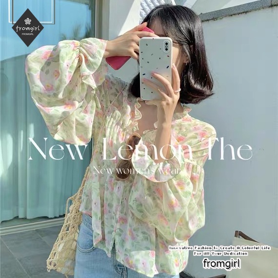 Áo Sơ Mi Tay Phồng Cổ Chữ V In Họa Tiết Hoa Phong Cách Hàn Quốc Dành Cho Nữ