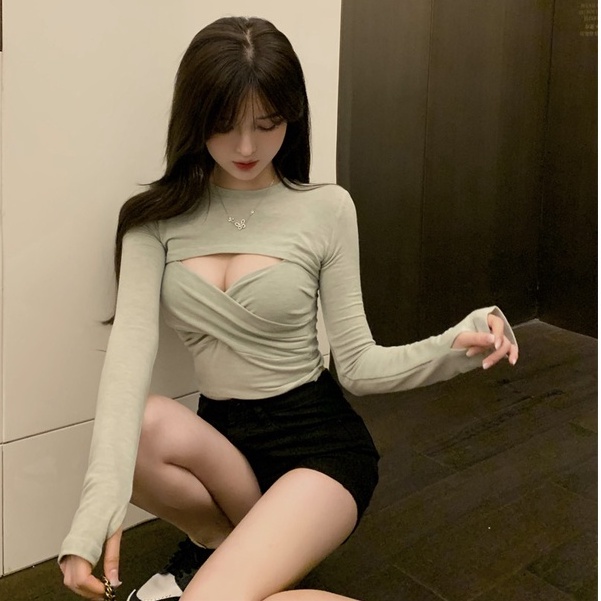 Cocory vn Áo croptop tay dài cổ tròn kiểu dáng đan chéo ngực phong cách gợi cảm cho nữ