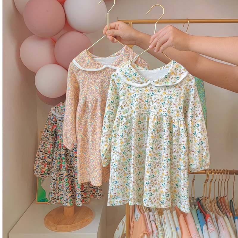 Đầm công chúa IQ ANGEL tay dài cổ búp bê họa tiết hoa dễ thương cho bé gái