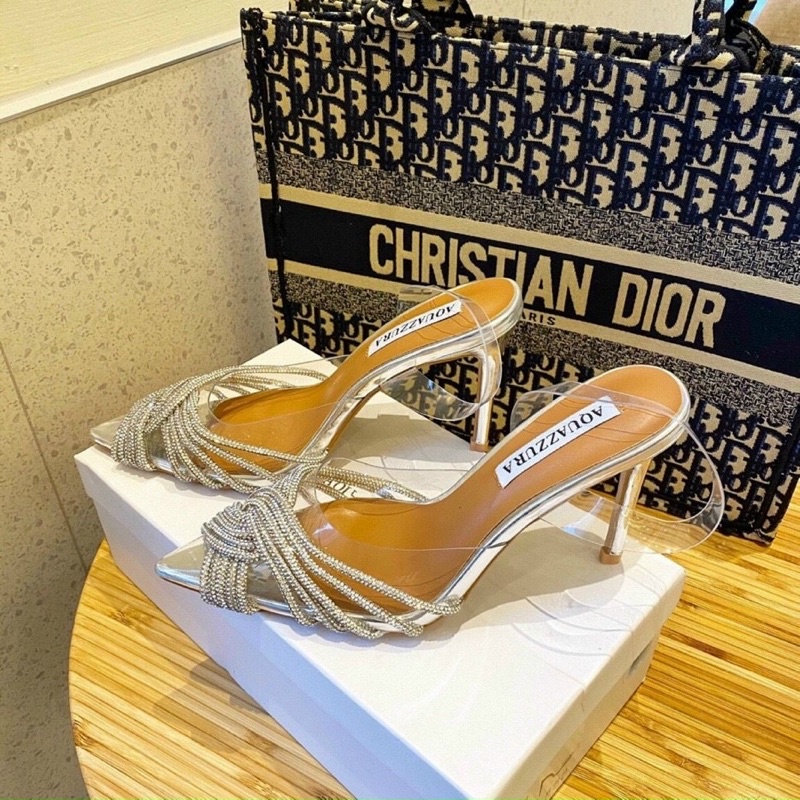 Sandal cao gót bít mũi mica đá xoắn quai trong fullbox l1