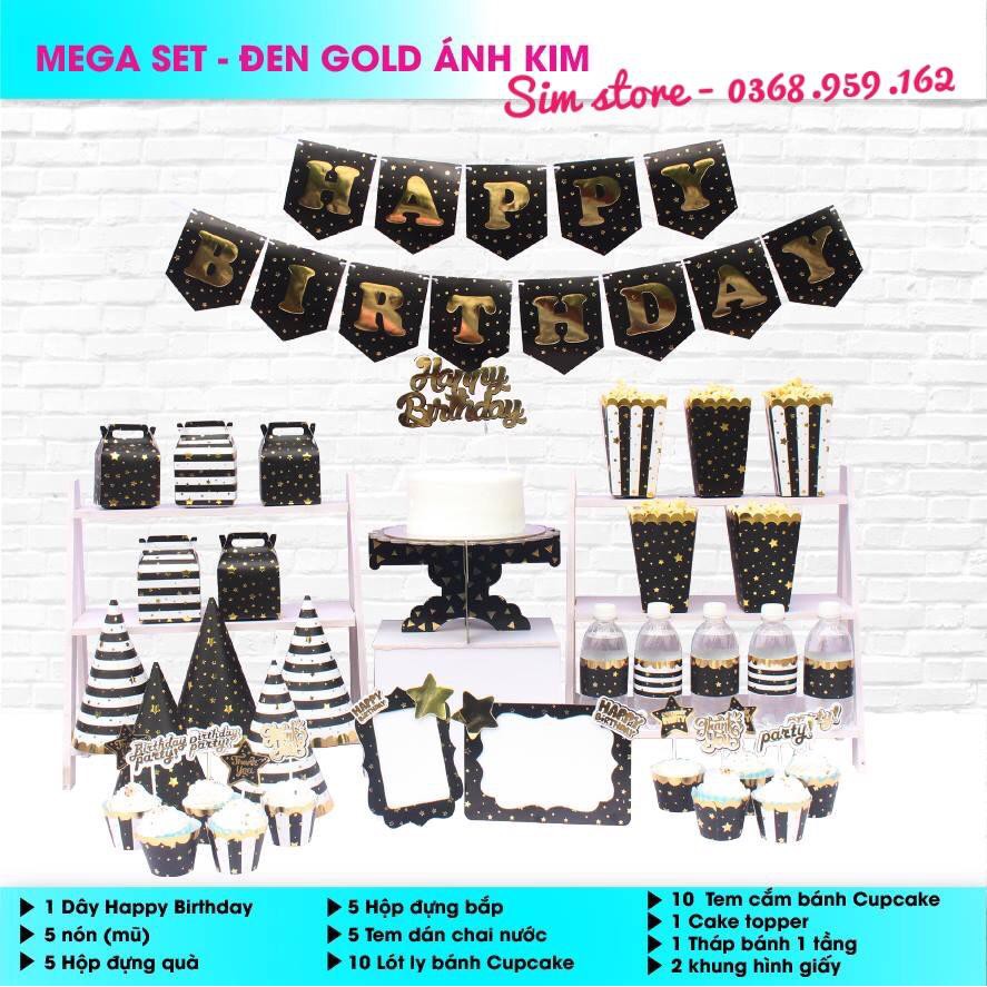 Set Mega Trang Trí Sinh Nhật Chủ Đề Người Lớn Màu Đen Vàng Ánh kim