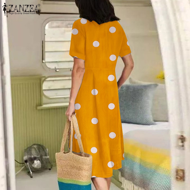 Zanzea Đầm Ngắn Tay Có Túi Họa Tiết Chấm Bi Phong Cách Châu Âu Dành Cho Nữ