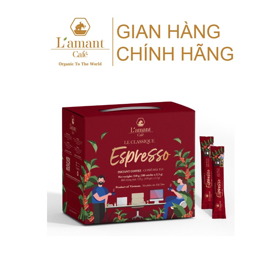 Cà phê hòa tan đen Espresso (Hộp 100 gói x 2gr) - L'amant Café Espresso instant coffee