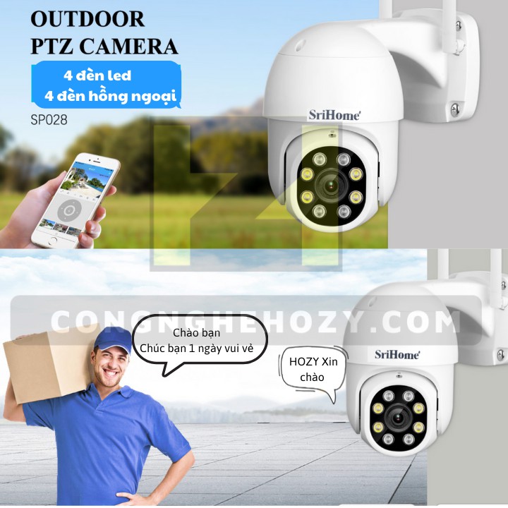 Camera wifi ngoài trời chống nước  PTZ Srihome FullHD1080 xoay 360 độ có đèn Led quay đêm có màu