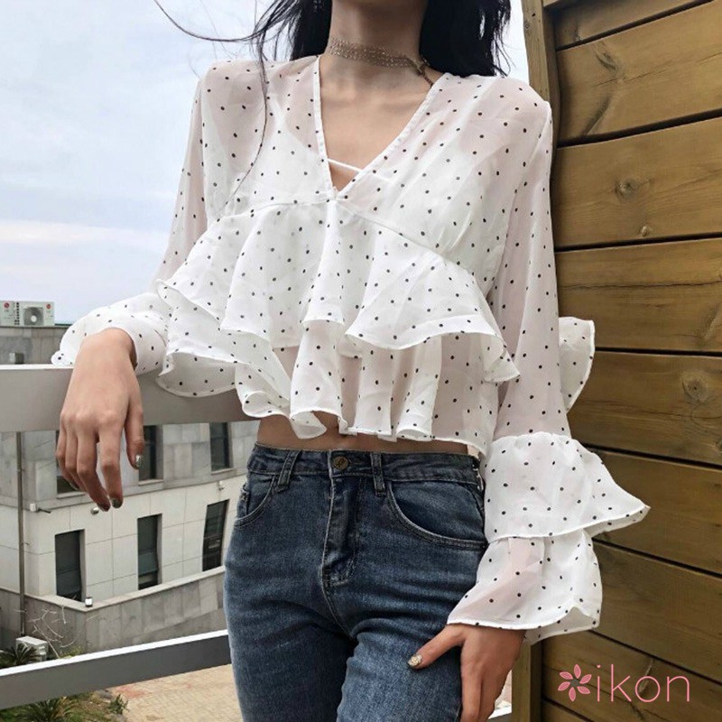 Áo kiểu chất Chiffon tay dài hoạ tiết chấm bi thiết kế cổ chữ V nữ tính