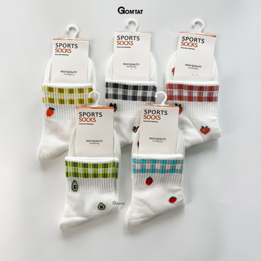 Set 5 đôi tất cổ trung nữ GOMTAT hoạ tiết trái cây, chất liệu cotton cao cấp, dày dặn êm ái  -LISU13-LUNG-TRAICAY