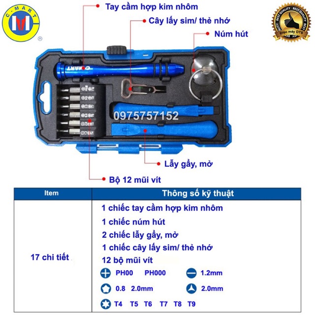 Bộ tô vít đa năng sửa điện thoại smartphone, laptop C-Mart 17 chi tiết thép cao cấp CR-V