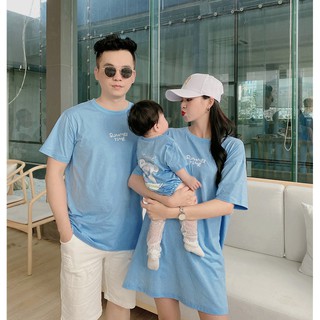 Set áo gia đình [FREESHIP] Đồ gia đình màu xanh dương in chữ SUMMER TIME phong cách thời trang