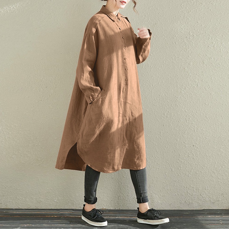 Váy dáng dài rộng ZANZEA cổ lật viền xẻ tà có nút gài màu trơn cho nữ