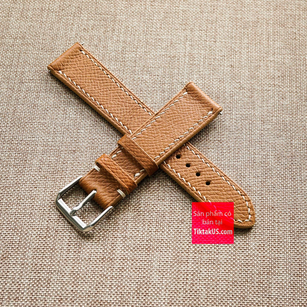 Dây đồng hồ da bò epsom Pháp chỉ viền trắng kèm khóa đủ size 18mm - 20mm - 22mm