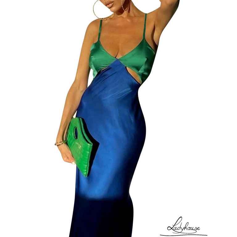 Đầm Dài Hai Dây Cổ Chữ V Màu Sắc Tương Phản Thời Trang Mùa Hè Dành Cho Nữ