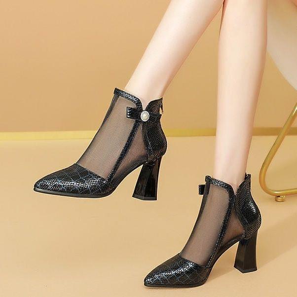 Giày Bốt Cao Gót Mũi Nhọn Bằng Da Mềm Phối Lưới Thời Trang Xuân Hè 2022