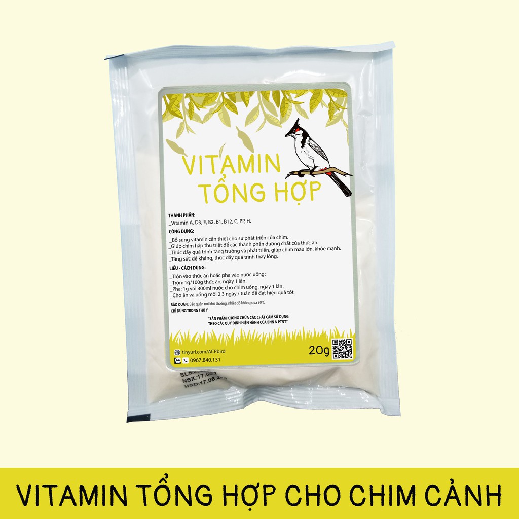Vitamin Tổng Hợp Dành Cho Chim Cảnh, cu gáy, chào mào, khướu, vẹt, chích chòe, săn mồi, họa mi 20g Vitamin A D E C B
