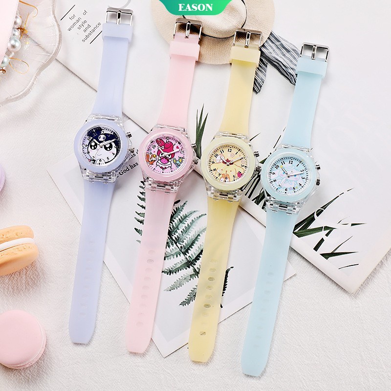 SANRIO Đồng Hồ Wt330 Dây Silicon Phát Sáng Họa Tiết Hoạt Hình Cho Bé Gái Tuổi Teen