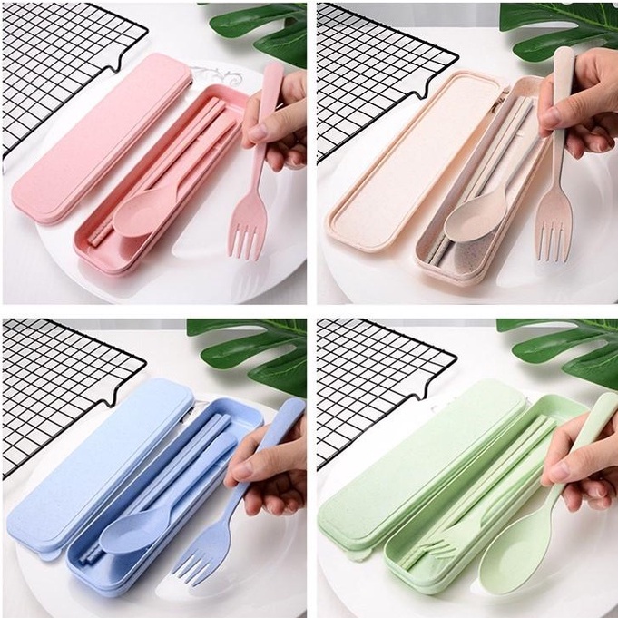 Bộ 3 món thìa, đũa, dĩa lúa mạch màu sắc dễ thương tiện lợi