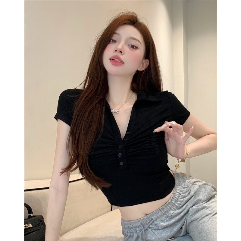 QKOOLE  Áo crop top Tay Ngắn Trễ Vai Cổ Chữ V Họa Tiết Kẻ Sọc Phong Cách Hàn Quốc Quyến Rũ Dành Cho Nữ