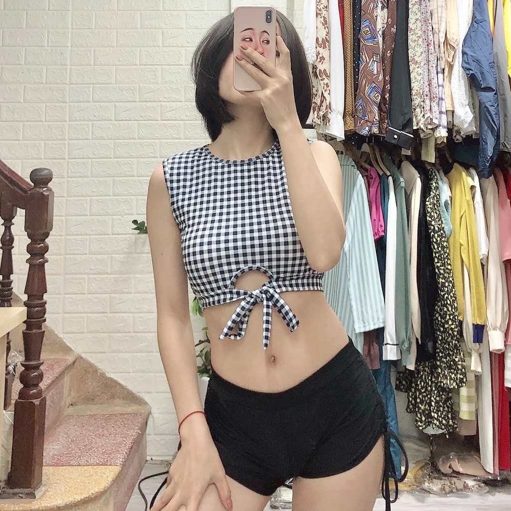 Bikini 2 mảnh quần đùi kẻ caro, bộ bơi rời tắm biển cho nữ kín đáo Bikini191