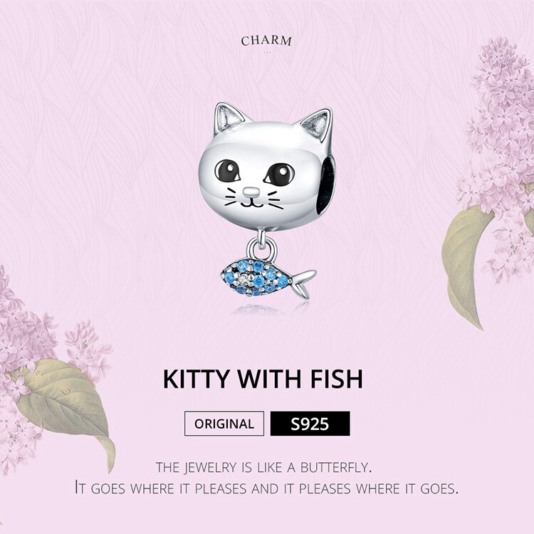 Hạt charm Bamoer bsc226 chất liệu bạc sterling 925 hình cá và mèo xinh xắn dùng làm vòng tay