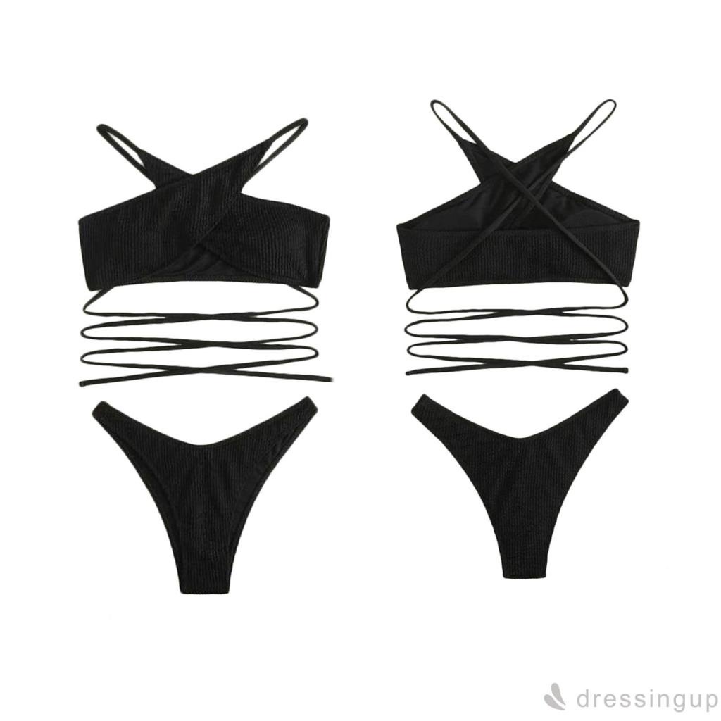 Bộ bikini hai mảnh màu trơn lưng thấp màu đen quyến rũ cho nữ