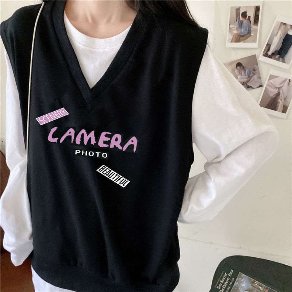 Áo Gile Jacket Women's Fashion Student Loose Korean V-neck Vest Women's Sleeveless Sweater Vest