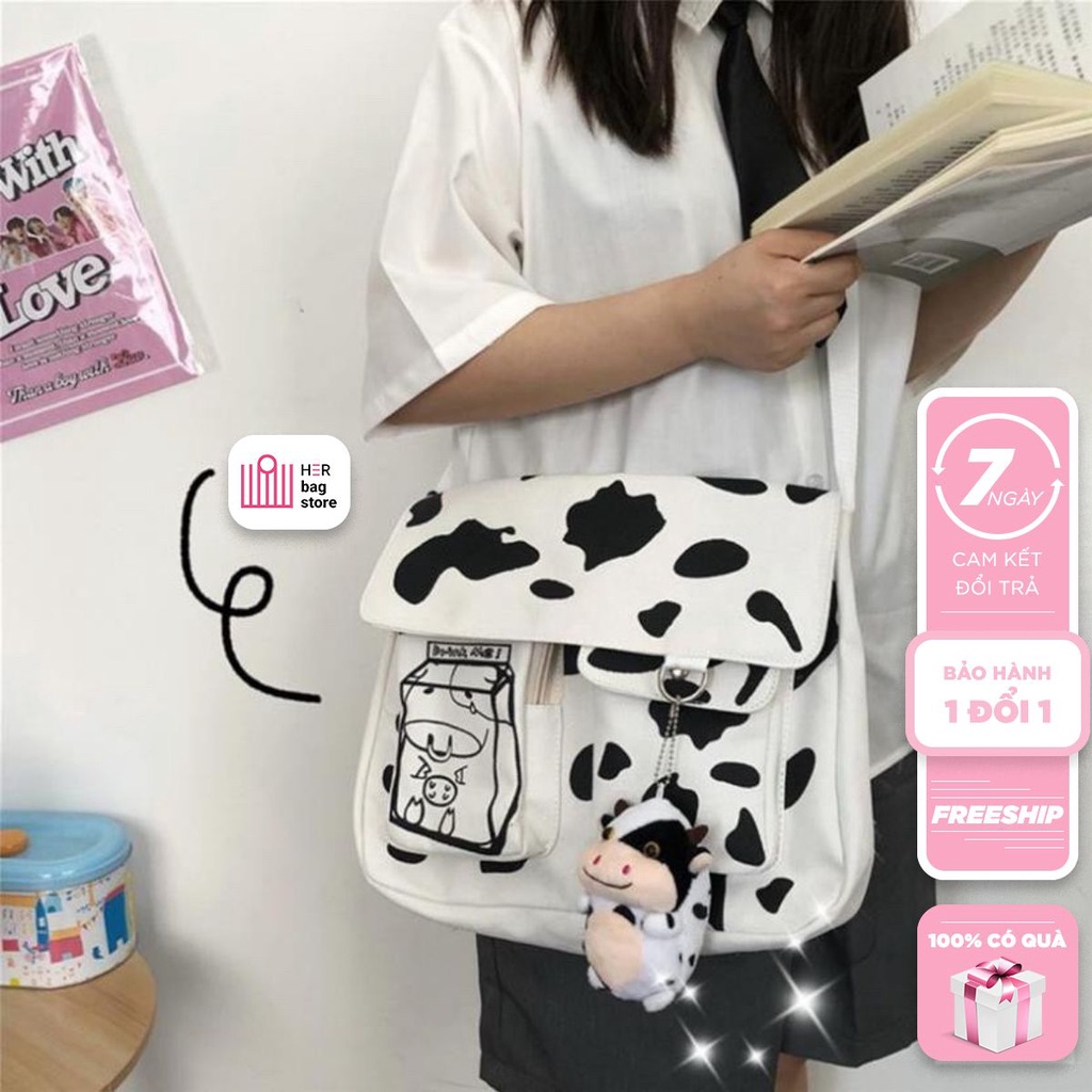 Túi tote túi vải canvas đeo chéo học sinh viên đi chơi đi in hình BÒ SỮA siêu hot đủ loại size to bé Herbagstore