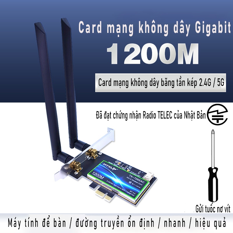 Card mạng Lan không dây cho PC Intel 7265 AC Wifi Gigabit 1200M với tản nhiệt-băng tần kép 2.4G/5G-bluetooth 4.2