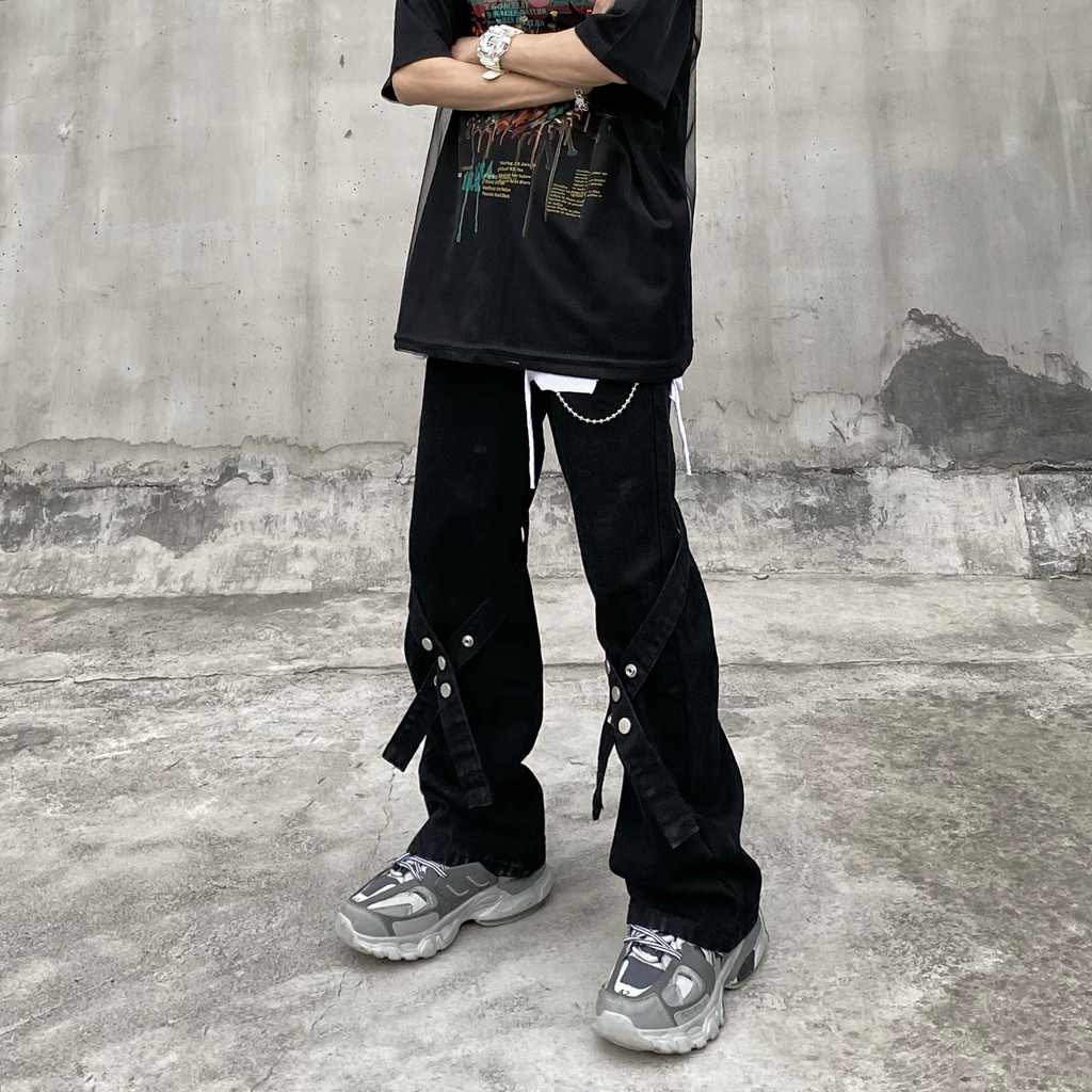 Quần Jeans ống loe phối dây phong cách Streetwear