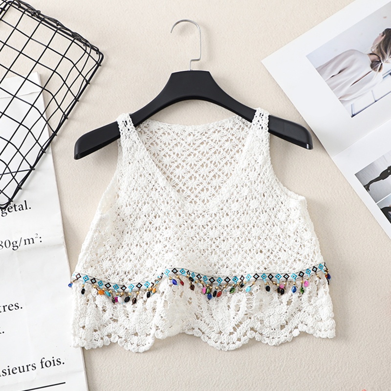 Fol Áo Croptop Dệt Kim Không Tay Cổ Chữ V Khoét Rỗng Họa Tiết Hoa Pha Lê Nhiều Màu Sắc Vintage Boho Dành Cho Bạn Nữ