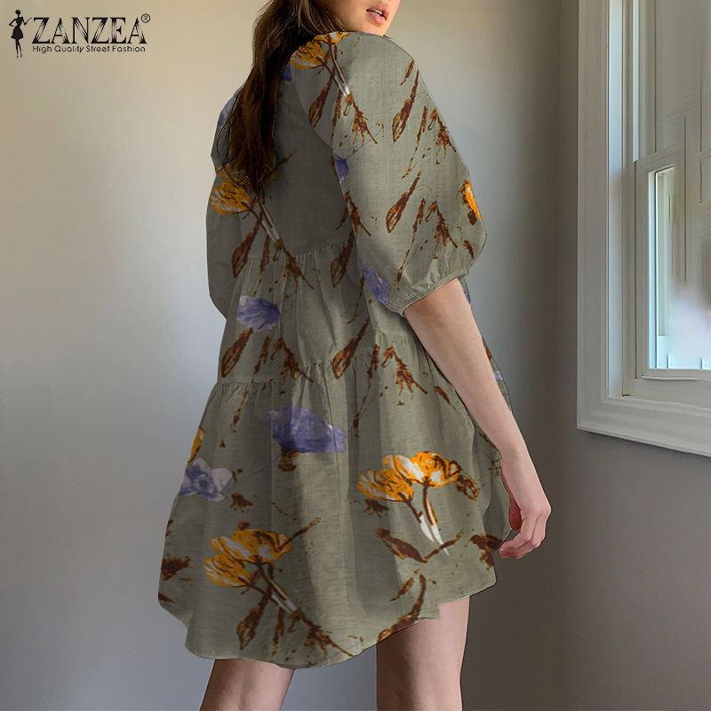 Đầm mini ZANZEA tay ngắn cổ tròn in họa tiết hoa thời trang cho nữ