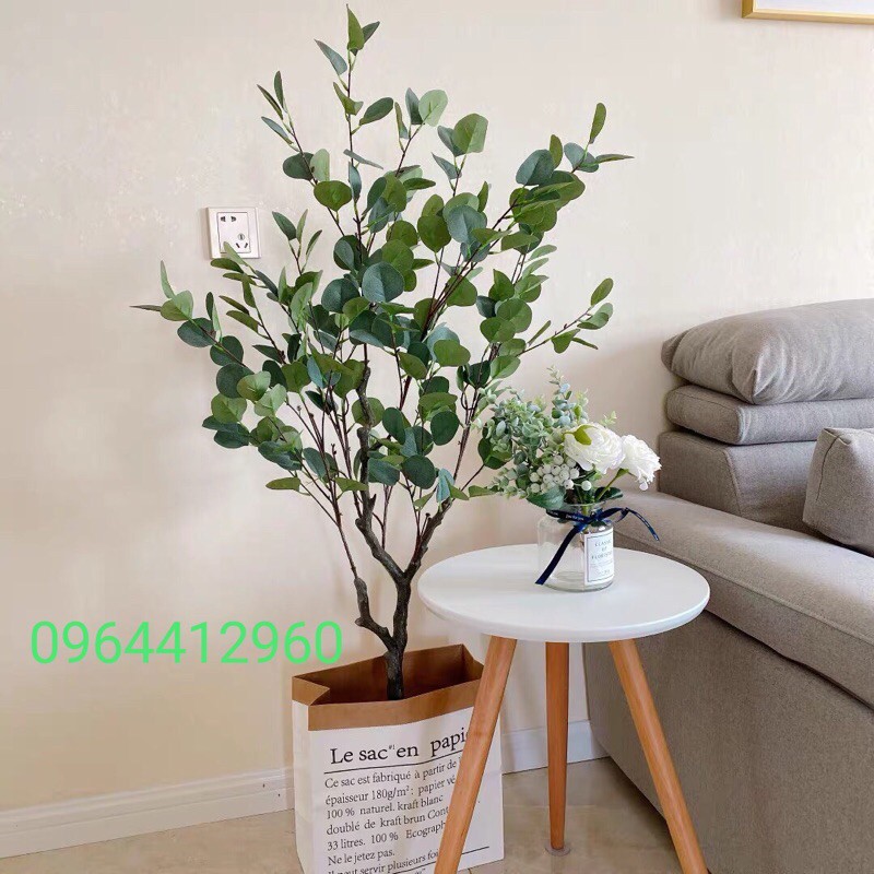 Cây bạch đàn giả kèm giỏ cói - cây lá táo trang trí nhà cửa 130cm - Hằng decor