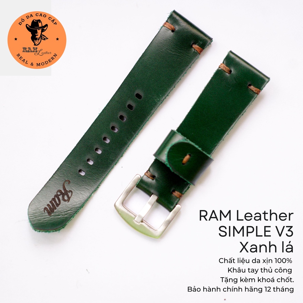 Dây đồng hồ da bò màu xanh rêu - RAM Leather Simple V3 Bền Đẹp