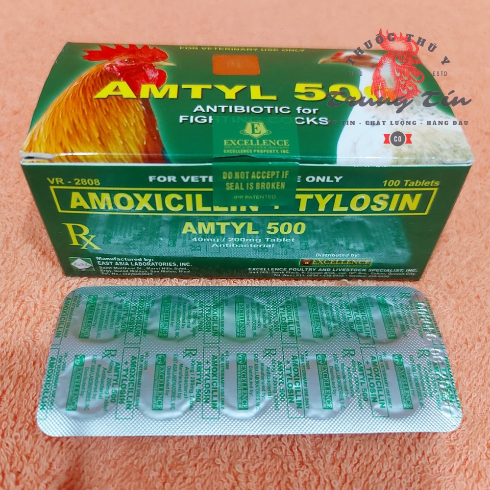 Th gà đá - amtyl 500 Philippines - 1 vĩ / 10 viên - tr b tổng hợp , tr tan , gà khò , hen , sưng mặt