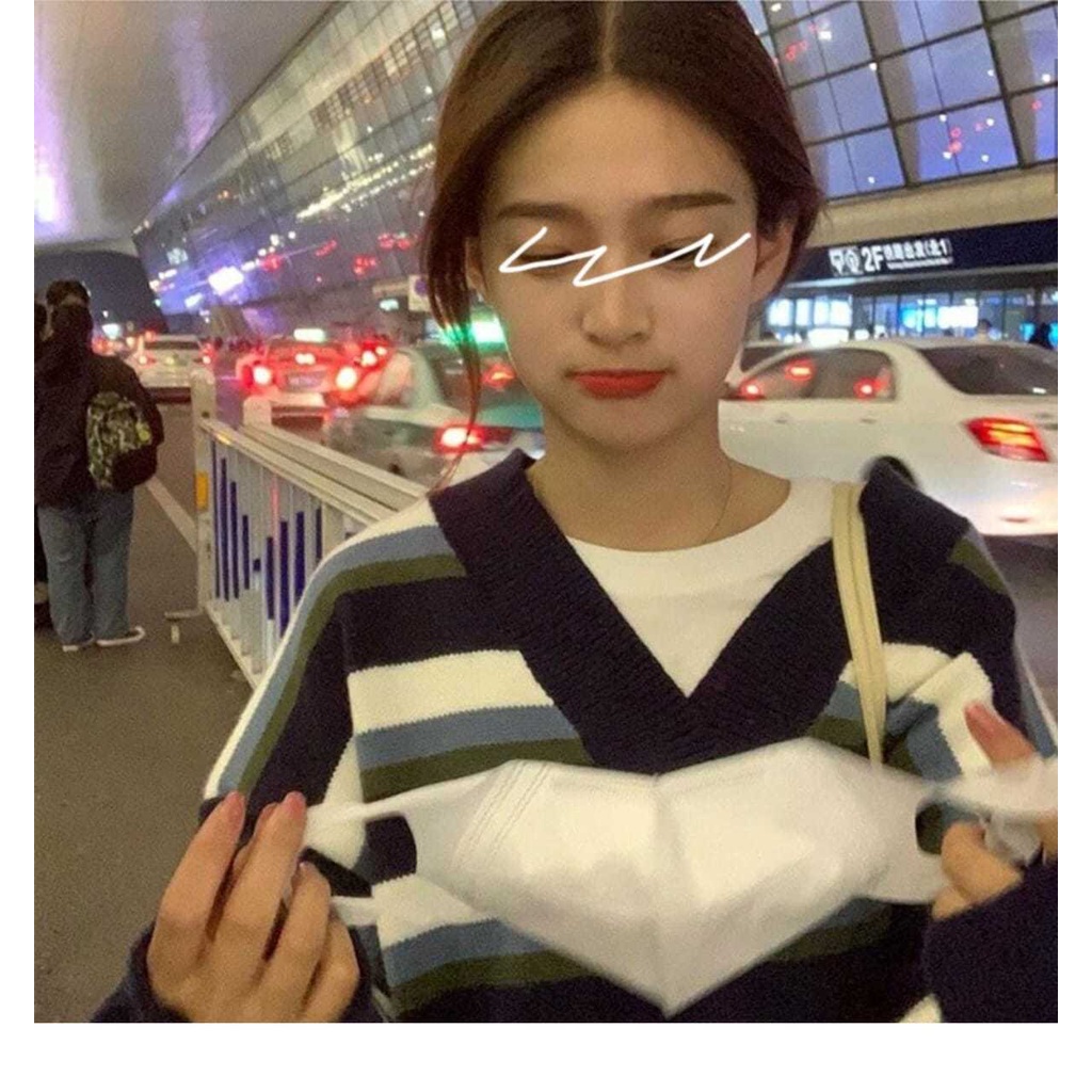 Áo len tay dài cổ chữ v họa tiết kẻ sọc trẻ trung