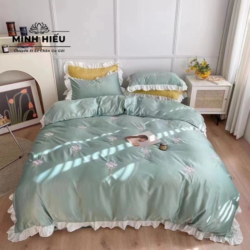 Bộ chăn ga gối lụa bèo công chúa siêu xinh, chăn ga lụa nhập khẩu sang trọng không nhăn, mềm mịn sờ mát tay