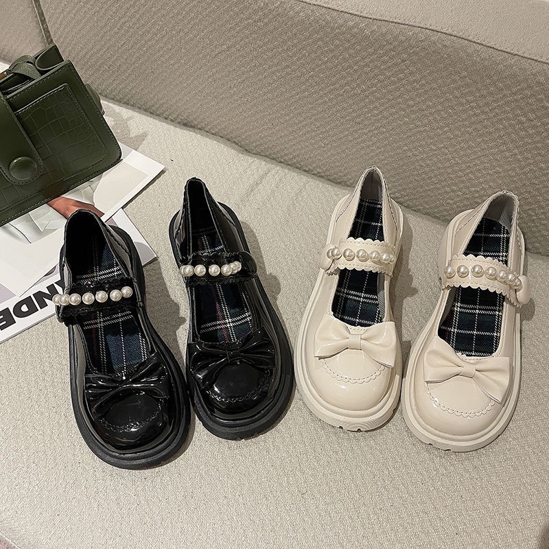 Giày búp bê da mũi tròn đính nơ kiểu retro Nhật bản dễ thương cho nữ