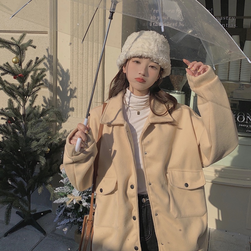 Áo khoác tay dài dáng rộng màu trơn dễ phối đồ thời trang phong cách Hàn Quốc