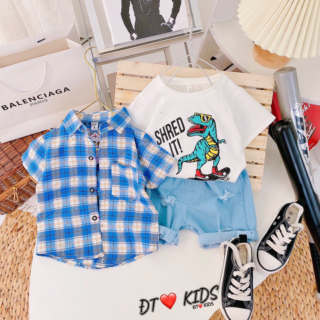 BOT24 - Bộ bé trai, bộ 3 chi tiết, Quần đùi Jean + áo thun cotton + áo sơ mi cộc tay bé trai từ 8-21kg