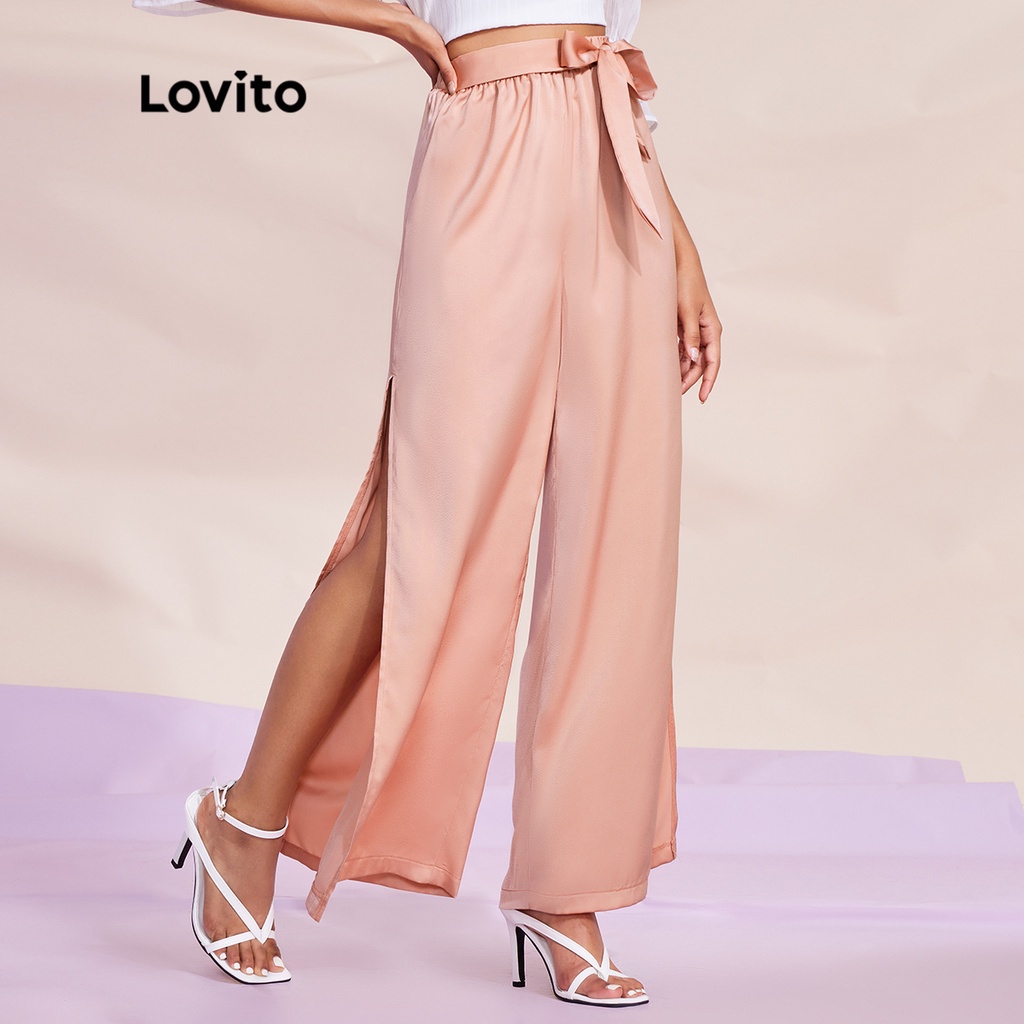 Quần dài (Lovito Exclusive) STIPPLING WORLD Tách ren trơn Bình thường L28LE045 (Hồng san hô)