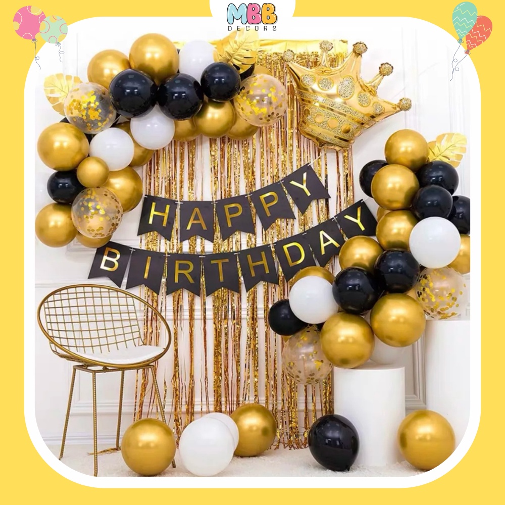[TẶNG BÓNG SỐ &amp; BƠM, KEO] Set Trang Trí Sinh Nhật Bé Trai Bé Gái Màu Vàng Đen Đầy Đủ Phụ Kiện 0002