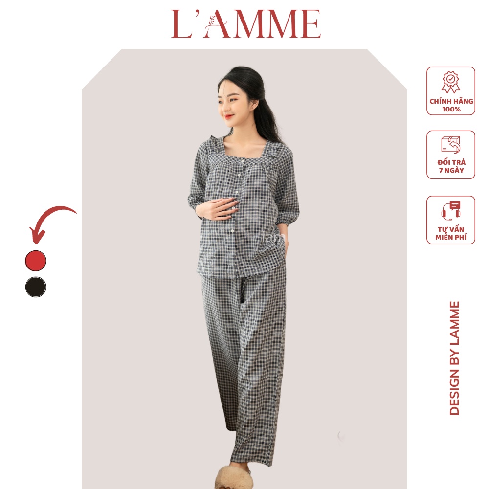 Bộ bầu Anna chất đũi Hàn, cổ vuông trẻ trung, có cúc mở thiết kế bởi LAMME