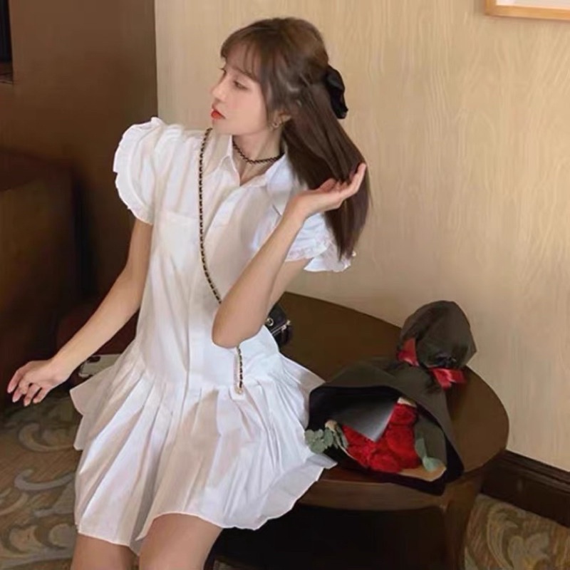 Kèm ảnh thật)Đầm Váy Trắng sơ mi Babydoll ulzzang công chúa đi biển dài xếp ly suông đẹp nữ dài qua gối thiết kế đuôi cá
