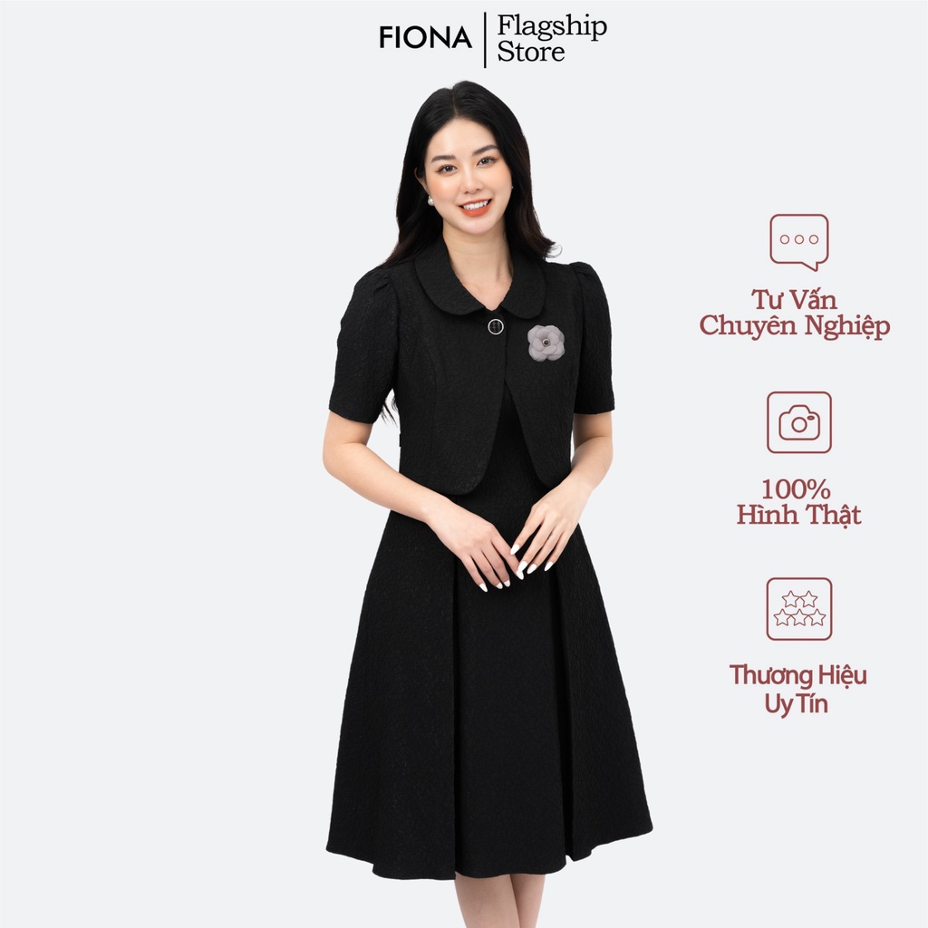 Áo vest ngắn dáng suông cổ sen đính 1 cúc và hoa trang trí tay lỡ nhún bồng FIONA F651448