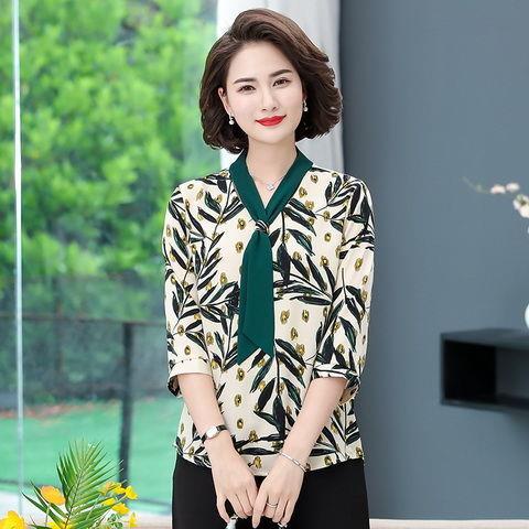 [Hàng Có Sẵn] Áo Sơ Mi Chiffon Tay Lửng Cổ Chữ v In Họa Tiết Hoa Cho Phụ Nữ Trung Niên